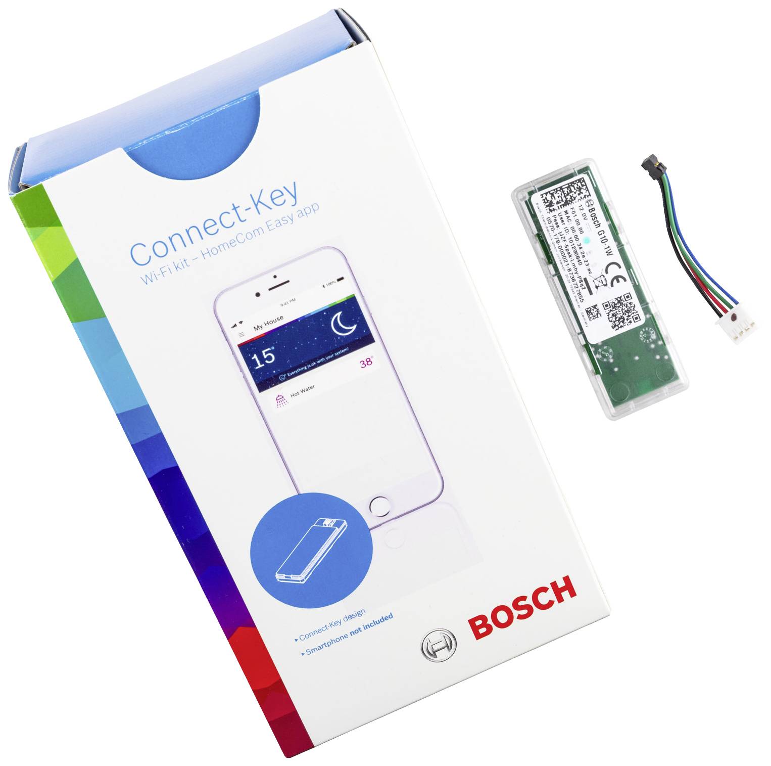 Een Bosch Connect-Key verpakking met een kleine printplaat ernaast. De verpakking toont een telefoon met de tekst 'WiFi Fun - HomeCom Easy App'.