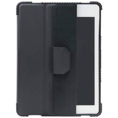 Beschermhoes van zwart materiaal om een tablet met gedeeltelijk zichtbaar scherm, toont een robuuste constructie voor verhoogde bescherming.