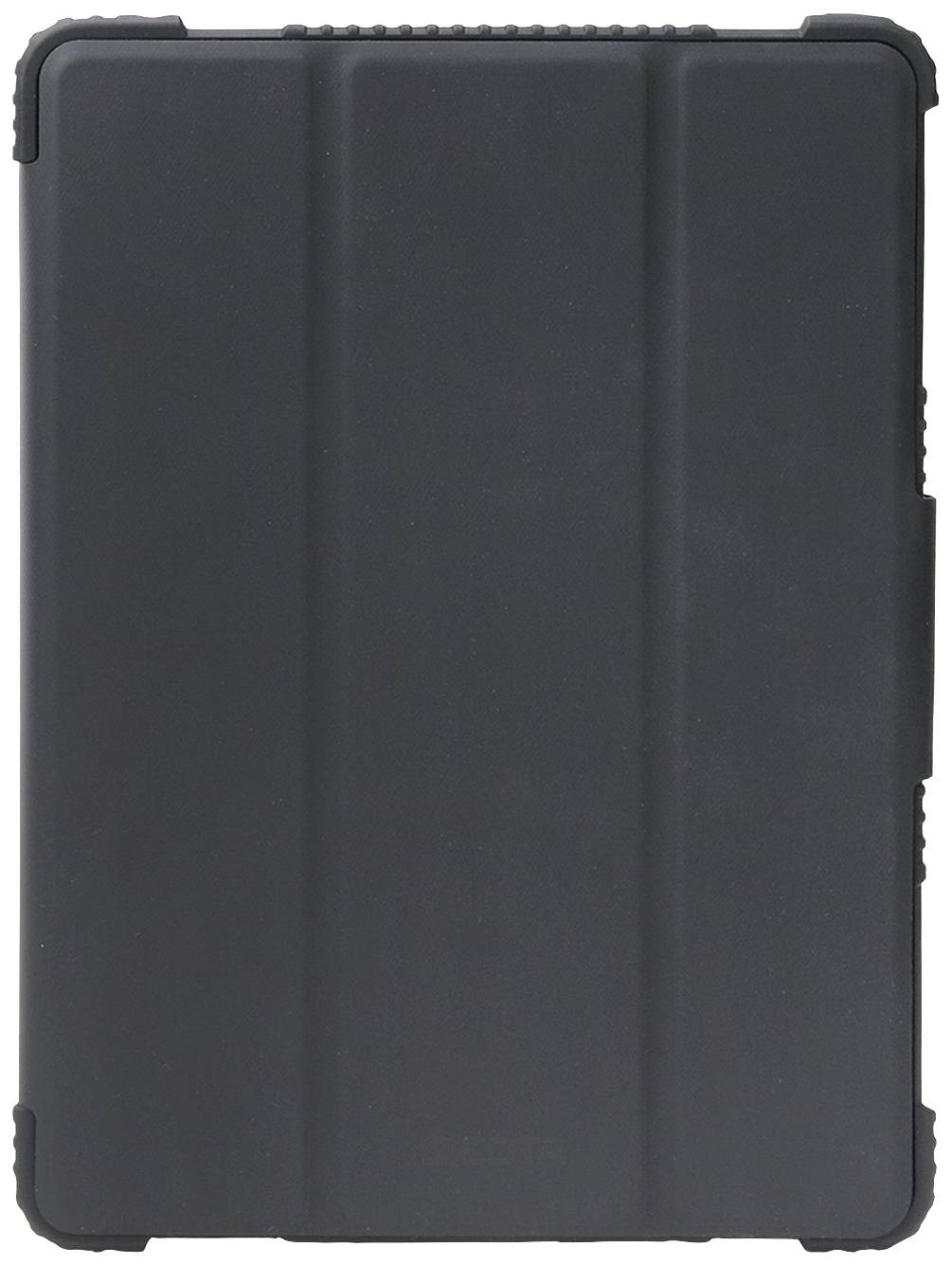 Zwart, rechthoekig tablet-hoesje met een gladde oppervlakte en zijdelingse verhogingen voor een betere grip. Bescherming voor het apparaat.