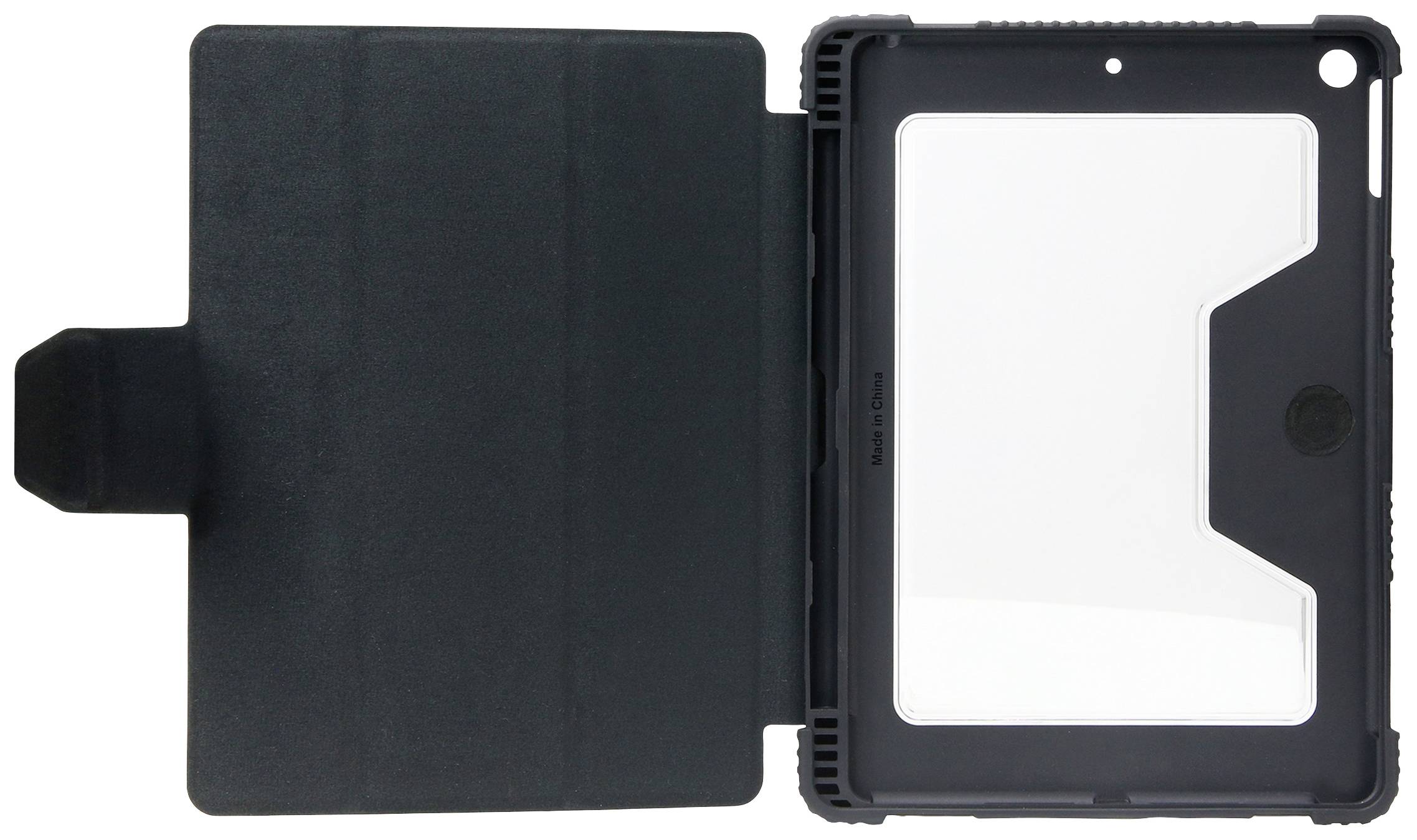 Een zwarte tabletcase van plastic en textiel in geopende weergave, met een transparante folie aan één zijde.