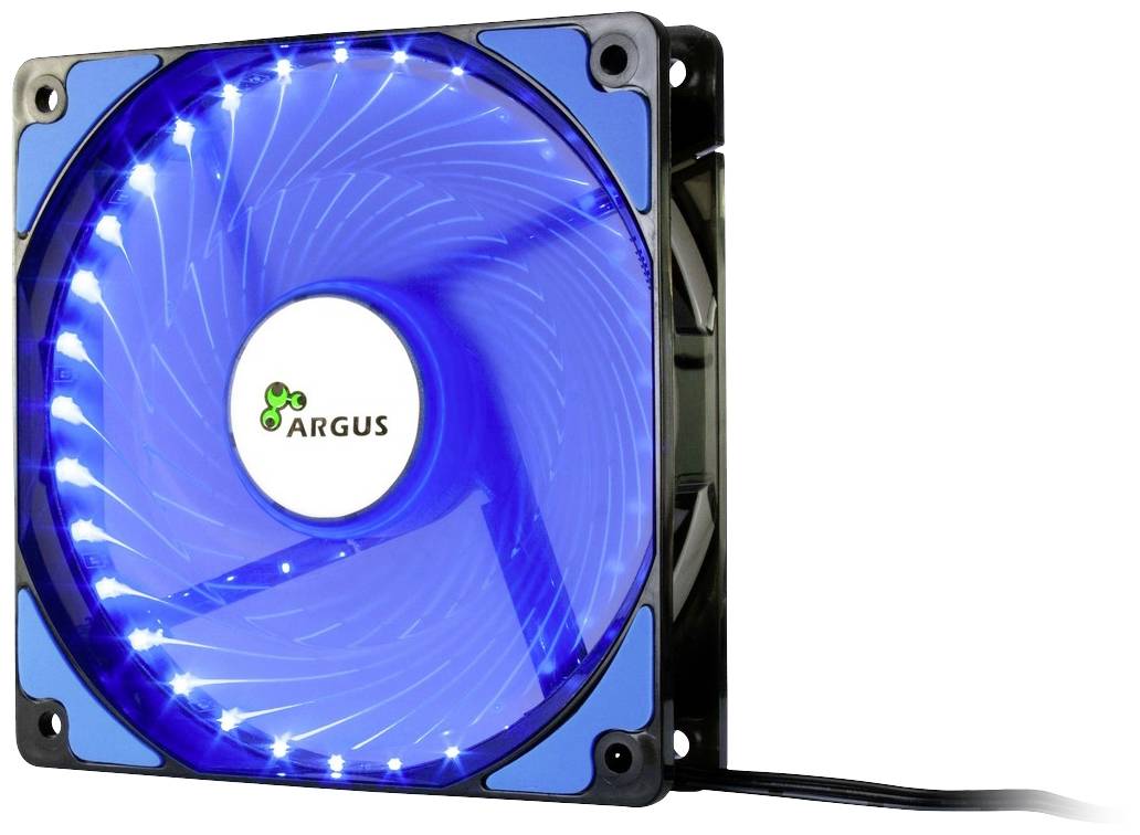 Blauwe computerventilator met LED-verlichting en 'Argus'-logo in het midden. Een aansluitkabel is zichtbaar.