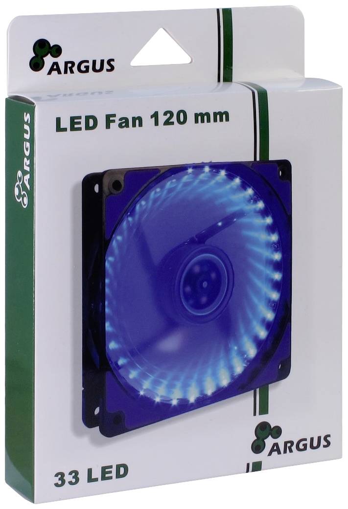 Een verpakking met een blauwe LED-ventilator, 120 mm, 33 LED's, van het merk Argus. De ventilator is afgebeeld aan de voorkant.