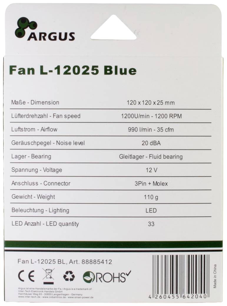 'Argus Ventilator L-12025 Blauw': Afmetingen 120x120x25mm, 1200 toeren/min, Luchtstroom 990 l/min, Geluidsniveau 20 dBA, 12V, Aansluiting 3Pin+Molex, LED 33.