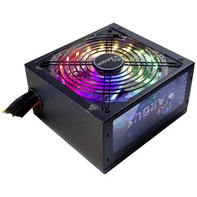 Zwart computervoedingsapparaat met transparant ventilatorrooster en kleurrijke, lichtgevende LED-verlichting. Kabelbundel zichtbaar aan de zijkant.