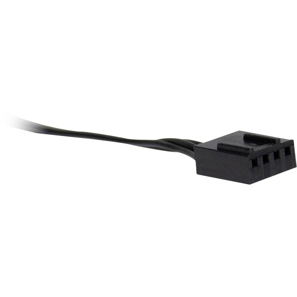 Een zwarte 4-pins ventilatoraansluiting met een dun kabel, typisch gebruikt voor het aansluiten van ventilatoren in computerbehuizingen.