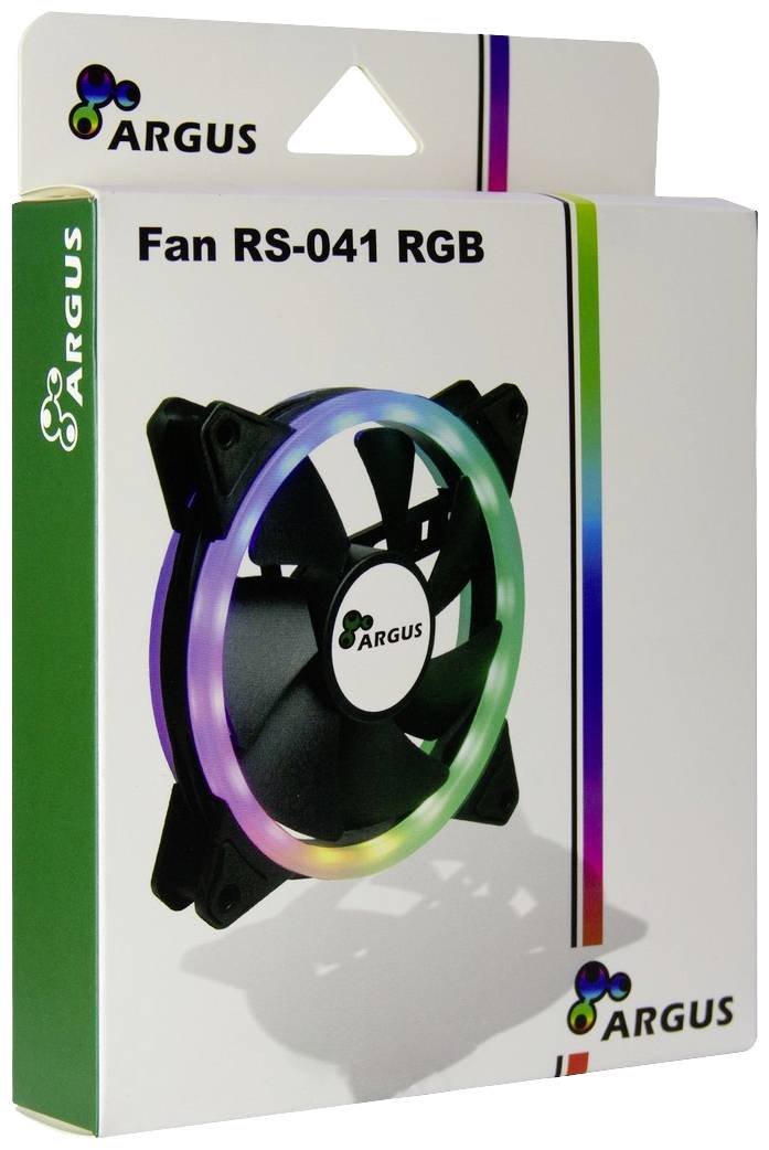 Verpakking van een RGB-ventilator van Argus, model RS-041, met verlichte randen en logo. Ventilatorfoto op de voorkant.