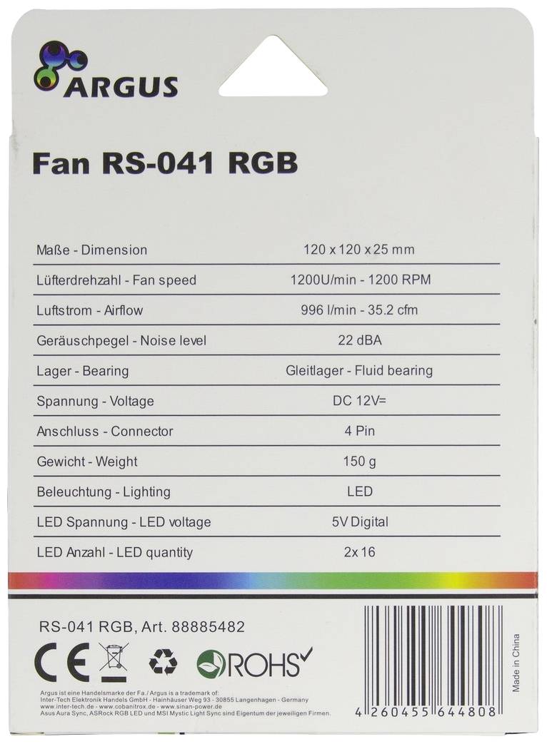 'ARGUS Fan RS-041 RGB' Specificatieblad: Afmetingen 120x120x25 mm, Ventilatortoerental 1200 RPM, Luchtstroom 99,6 m³/h, Geluidsniveau 22 dBA, Spanning 12V.