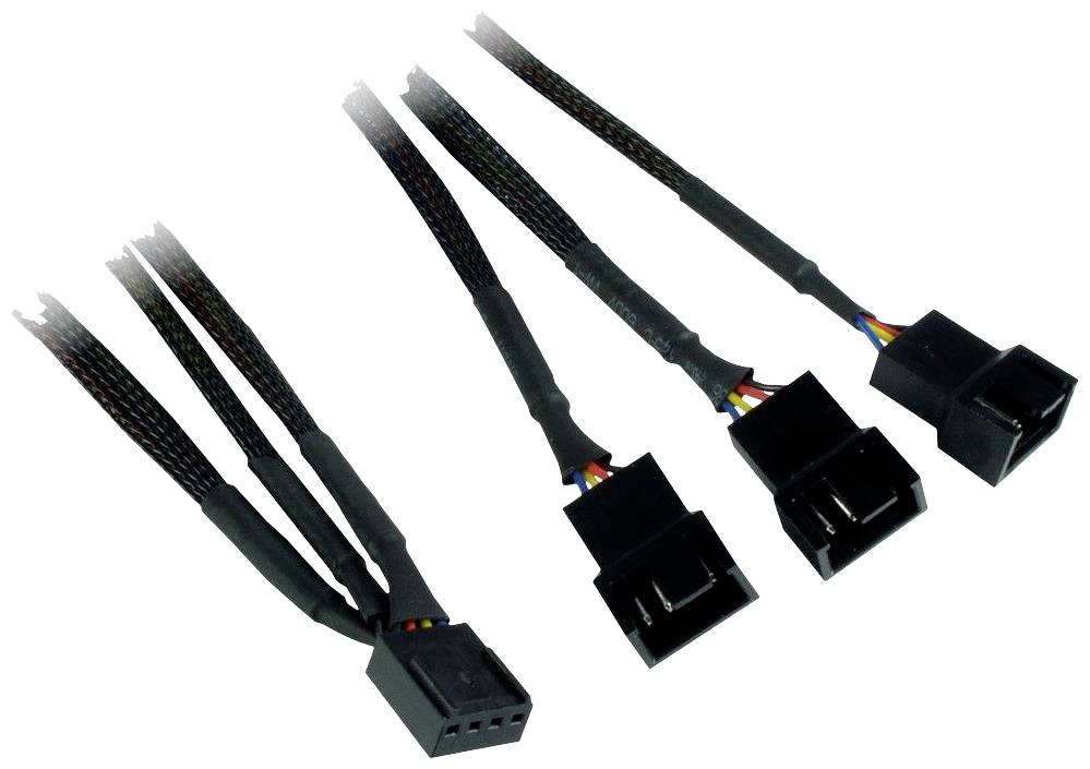 'Kabelverteiler met vier zwarte aansluitstekkers, geschikt voor het verbinden van ventilatoren in een computerbehuizing.'