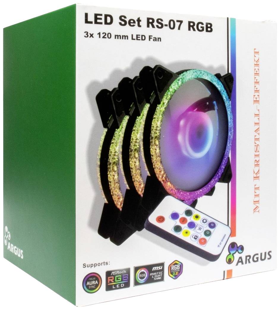 'LED Set RS-07 RGB', drie 120 mm LED-ventilatoren met afstandsbediening, ondersteunt meerdere RGB-systemen. Verpakking toont verlichte ventilatoren.