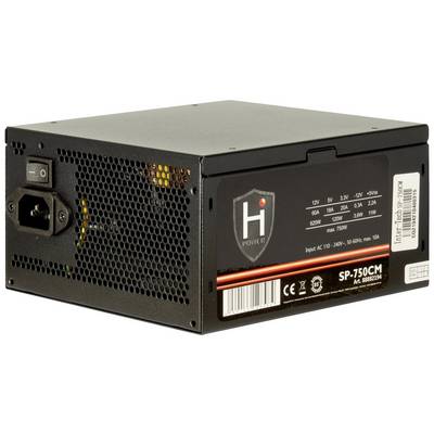 Een zwarte computervoeding met de aanduiding 'H Power SP-750CM', toont specificaties: 750W vermogen, verschillende spanningsuitgangen.