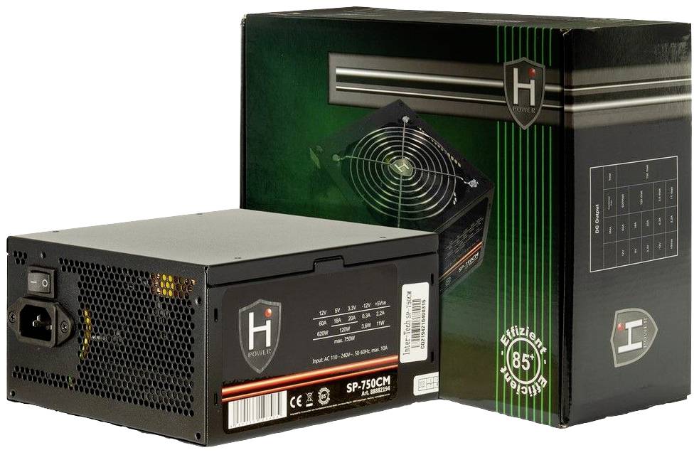 Een zwarte computervoeding naast een verpakking met daarop een logo en technische specificaties.