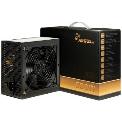 Voeding met ventilator en kabelaansluitingen naast de verpakking met het opschrift 'ARGUS NT 500W'.