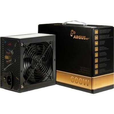 Een zwarte computervoeding met ventilator en kabelaansluitingen staat voor een zwarte verpakking met het opschrift 'ARGUS 600W'.