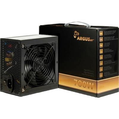 'ARGUS NT 700W Voeding' met ventilator en zwarte behuizing, naast de verpakking. Ontworpen voor hoge efficiëntie en prestaties.