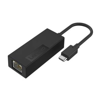 Zwarte Lenovo USB-C naar Ethernet-adapter. Aan de ene kant heeft hij een USB-C-stekker, aan de andere kant een Ethernet-aansluiting.