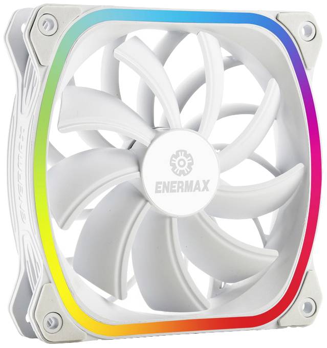 Witte computerventilator met gekleurde LED-ring aan de buitenzijde, merk 'Enermax'.