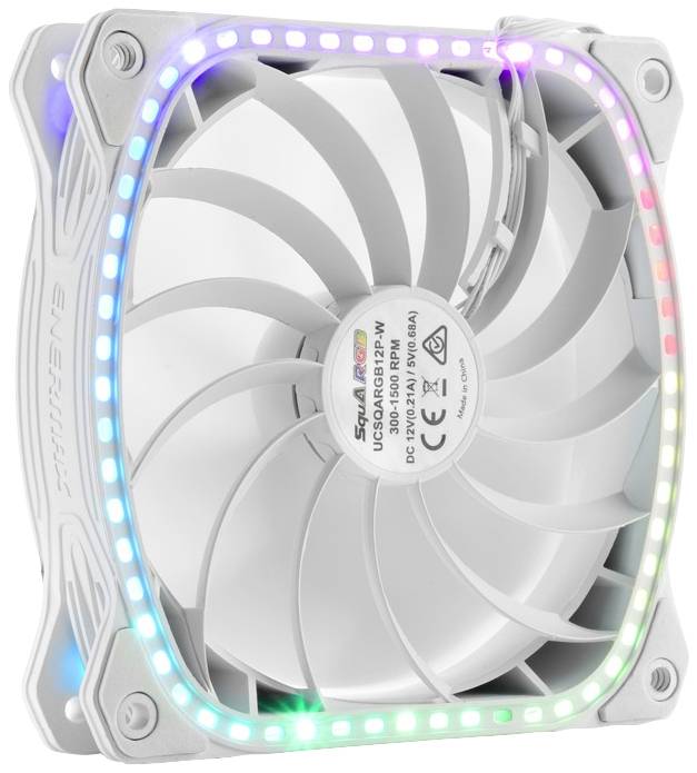 Een witte computerfan met RGB-verlichting langs de randen, geschikt voor pc-koeling. Model: 'Enermax'.