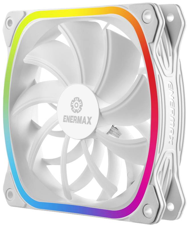 Een witte computerfan van Enermax met kleurrijke, lichtgevende LED-randen in regenboogkleuren.
