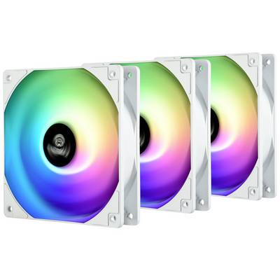 Drie computerventilators met kleurrijke, oplichtende LED's in een kleurovergang van blauw, groen naar rood, die mogelijk worden gebruikt voor koeling of decoratie.