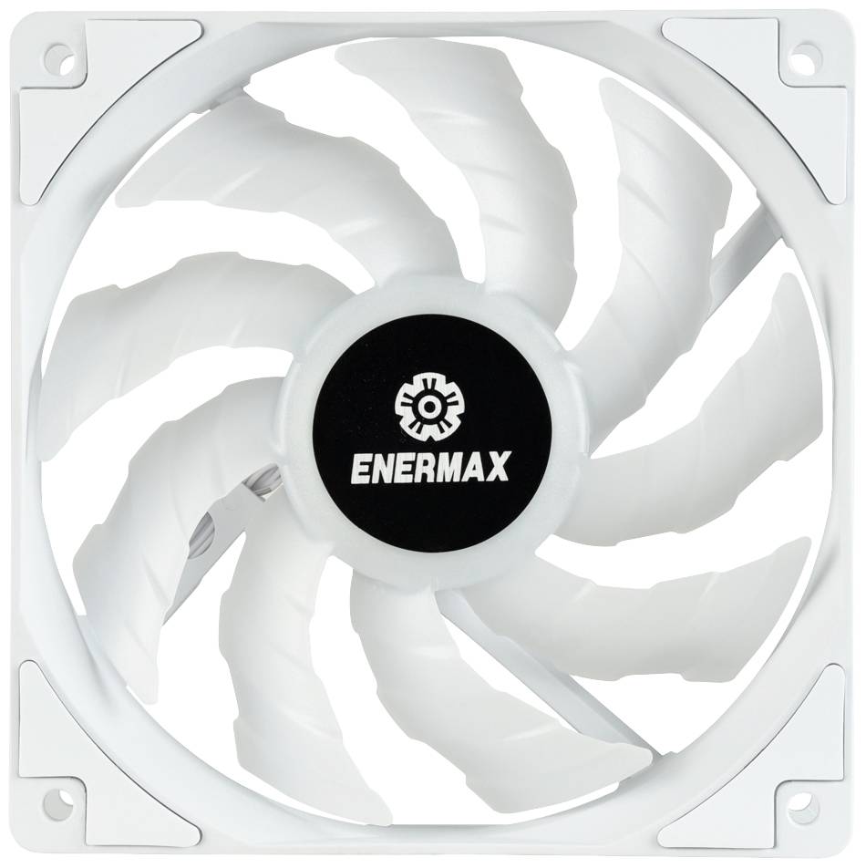 Een witte computerventilator met de tekst 'Enermax' in het midden, omgeven door stervormige ventilatorbladen.