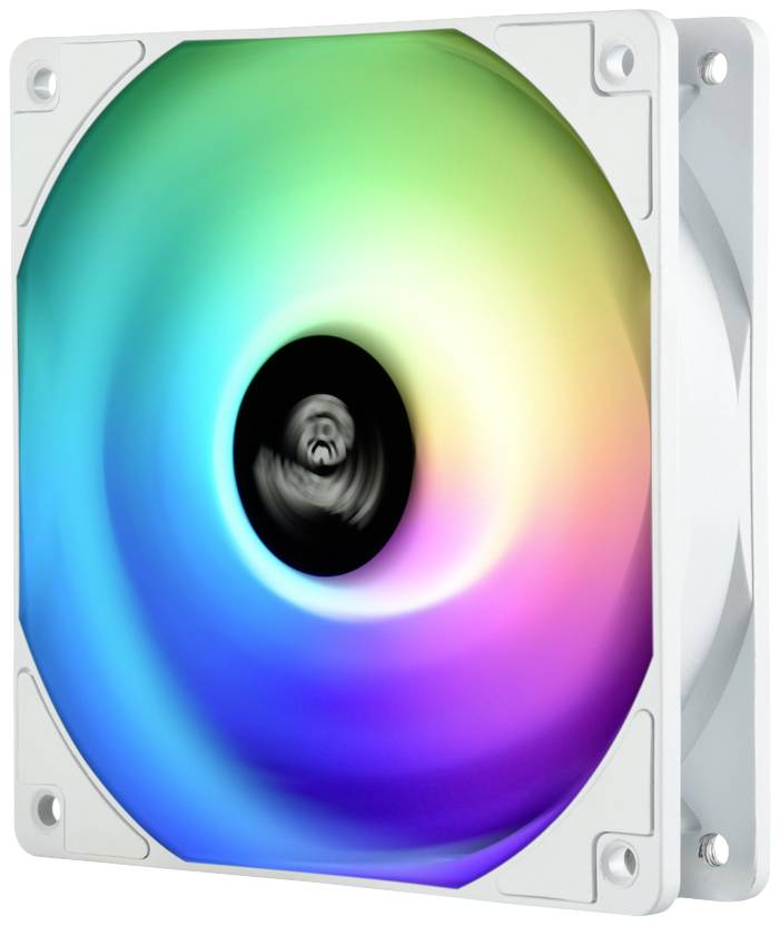 Een computerventilator met een wit frame toont een verscheidenheid aan LED-kleuren in een cirkelvormige verloop, van blauw naar roze.