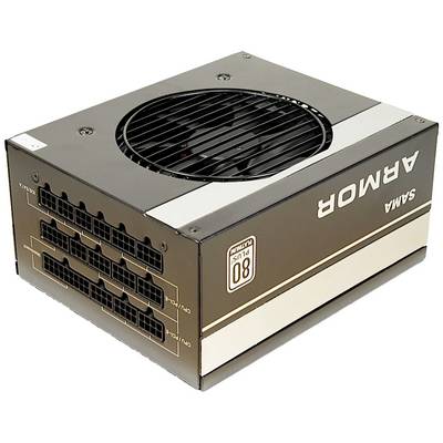 Een zwarte computer-voeding met ventilator bovenop en meerdere aansluitpoorten aan de voorkant. Opschrift '80 PLUS Platinum'.