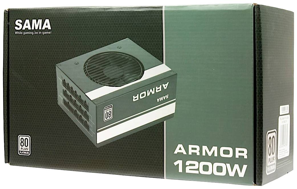 De afbeelding toont de verpakking van een SAMA Armor 1200W voeding met 80 Plus Platinum certificering.