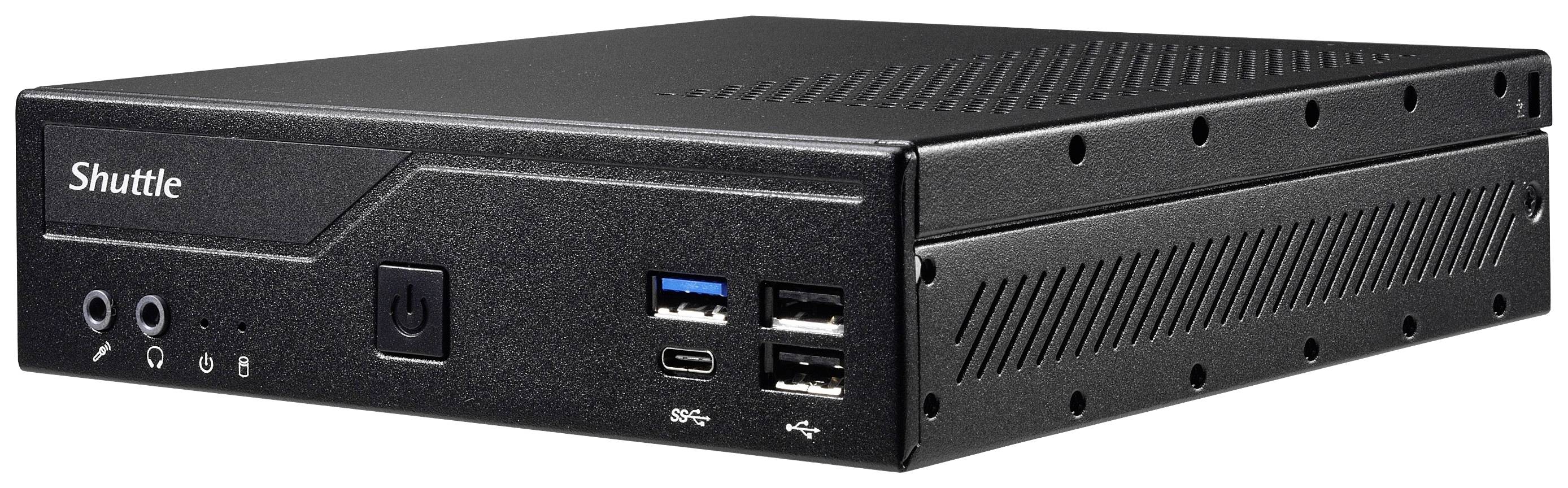 Kleine zwarte computer met meerdere USB-poorten en audioaansluitingen aan de voorkant.