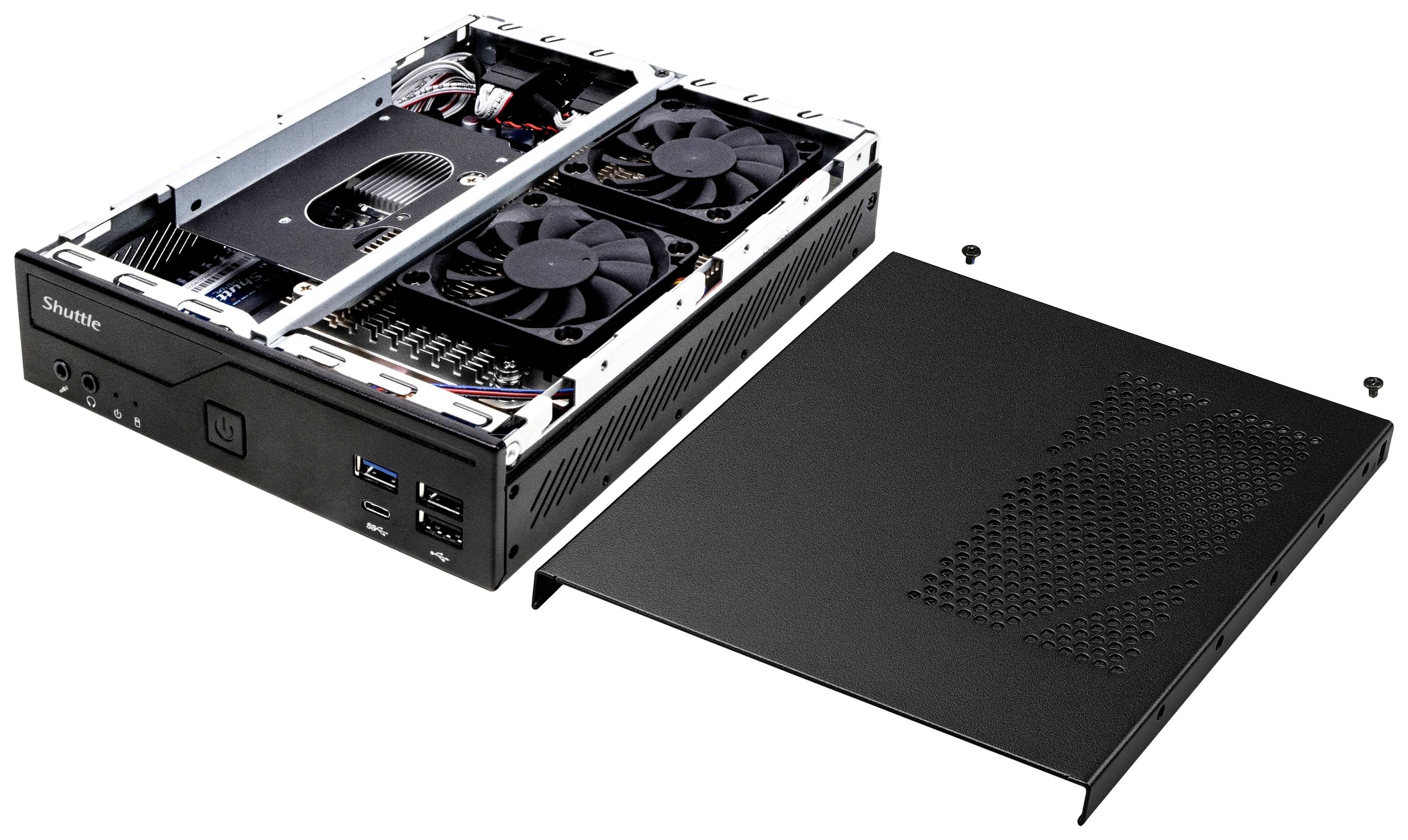 Open mini-PC met verwijderde behuizingskap, toont interne componenten zoals ventilator en aansluitingen. Geschikt voor compact computing.