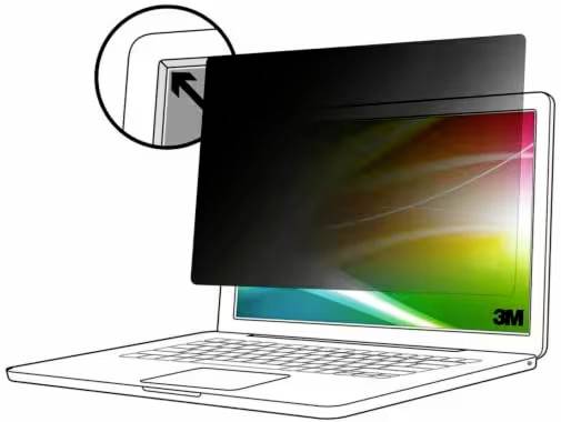 Een laptop met een aangebrachte privacyfilter die het scherm aan de zijkant donker maakt. Een vergroting toont de bevestiging.
