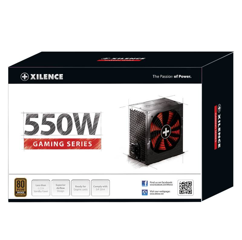 'XILENCE Gaming Series 550W' voedingsverpakking met afbeelding van het product, rode ventilator en tekst 'The Passion of Power'. Geschikt voor gaming-pc's.