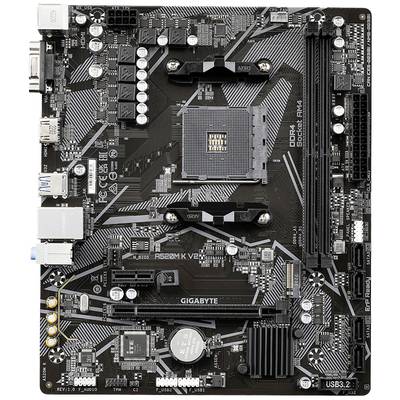 Zwart moederbord met verschillende sleuven en aansluitingen. Opschrift toont 'GIGABYTE' en specificaties voor DDR4 RAM.