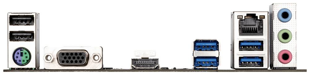 'Achterkant van een computer-moederbord met verschillende aansluitingen, waaronder USB, VGA, HDMI, Ethernet en Audio.'