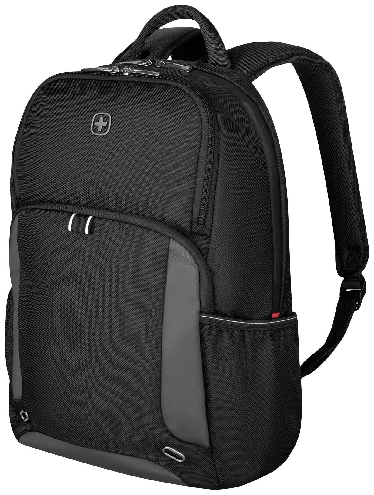 Een zwarte rugzak met grijze details en een klein wit logo op de voorkant, geschikt voor laptops en reizen.