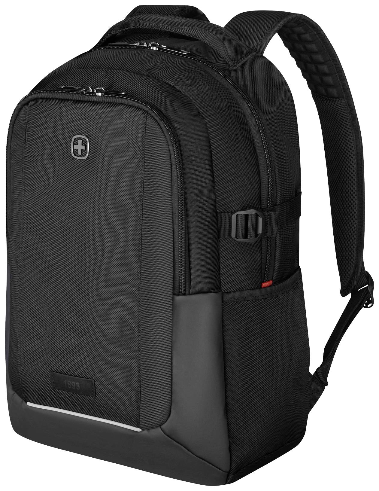 Zwarte rugzak met meerdere vakken en verstelbare draagriem, geschikt voor school of reizen.