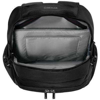 Zwarte rugzak met geopende voortas, toont meerdere binnenvakken en een gewatteerd laptopvak.