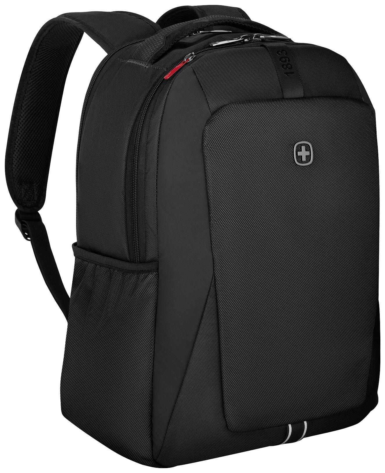 Zwarte rugzak met gewatteerde schouderbanden. Voorzijde met rits; zijdelingse nettas voor flessen.