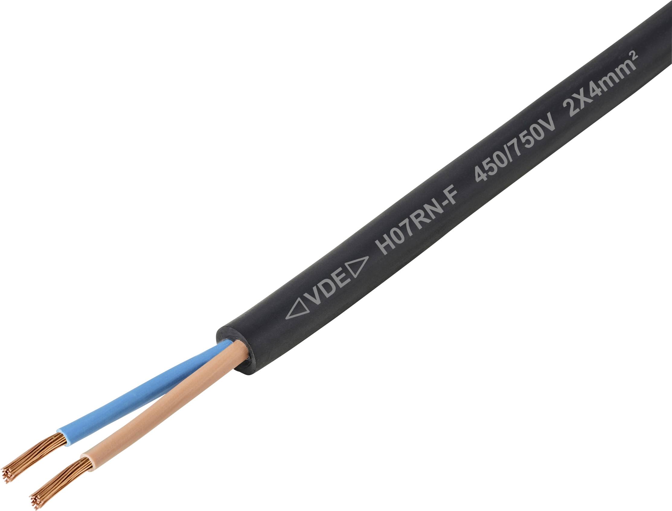 Een zwarte elektrische kabel gemerkt met 'H07RN-F 450/750V 2x4mm²' met blootgestelde blauwe en bruine draden, die verschillende draadtypes aanduiden.