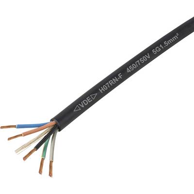 'Een zwarte kabel met meerdere gekleurde blootliggende draden: bruin, blauw, groen/geel, zwart en grijs. Tekst luidt: VDE H07RN-F 450/750V 5G1.5mm².'