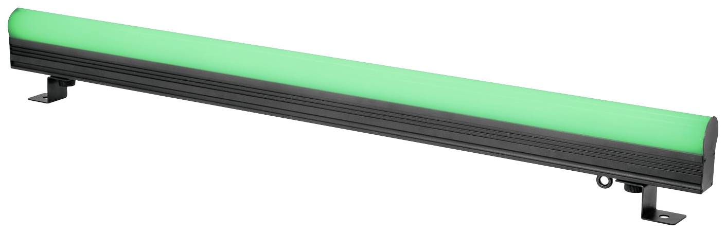 Een lang, rechthoekig LED-licht met een groene lichtoppervlakte, zwarte behuizing en houders aan de uiteinden, gebruikt voor verlichting.