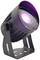 Een zwarte LED-schijnwerper met paars licht, mogelijk geschikt voor podiumverlichting of buitentoepassingen.