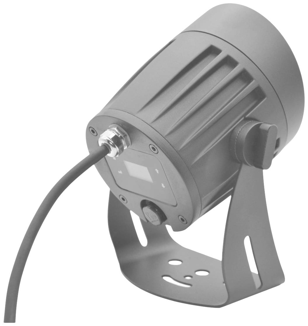 Een grijze podiumlamp met een robuuste behuizing en geïntegreerde kabel. Hij staat op een draaibare voet en beschikt over een digitaal display.