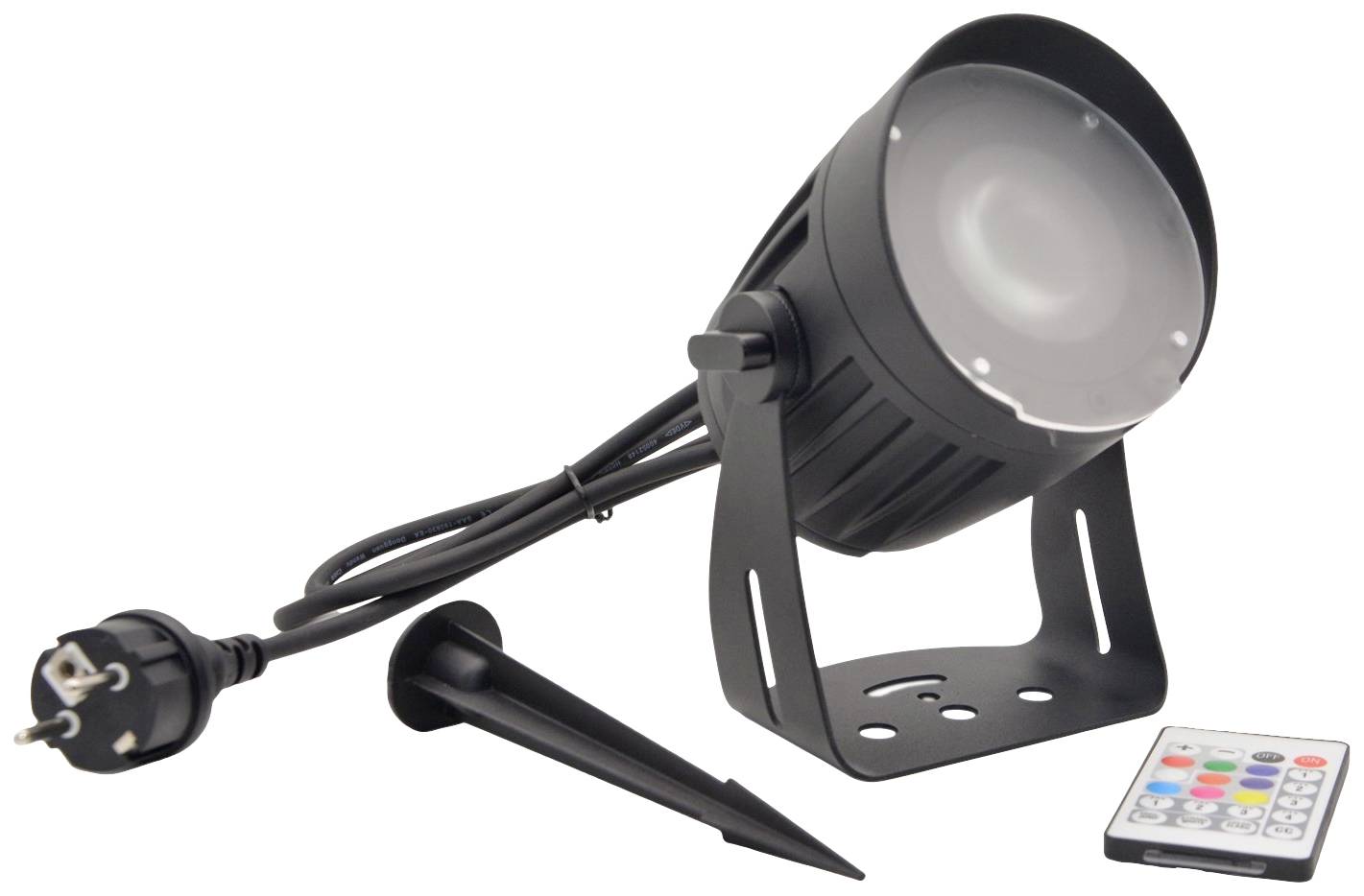 Zwarte LED-schijnwerper met grondpen, kabel en afstandsbediening. Ideaal voor tuinverlichting. Stroomstekker aanwezig.