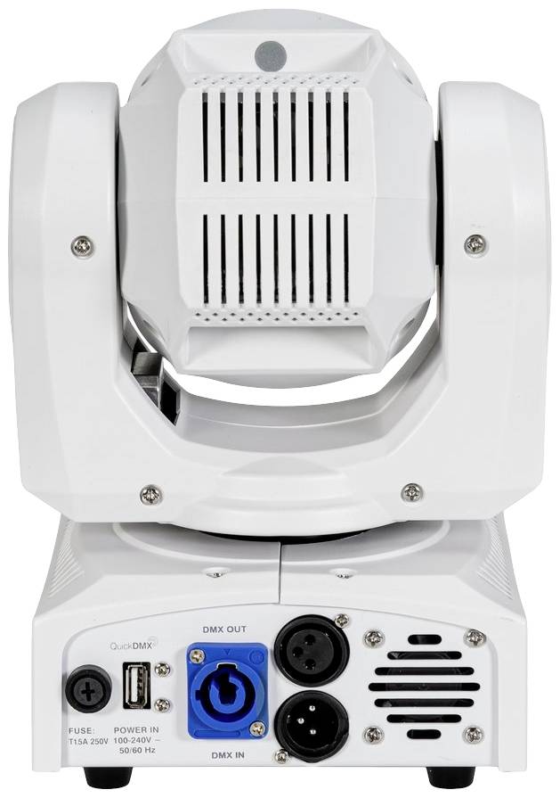 Een witte moving head-schijnwerper met aansluitingen voor DMX-besturing aan de achterkant, geschikt voor podium- en lichtshows.