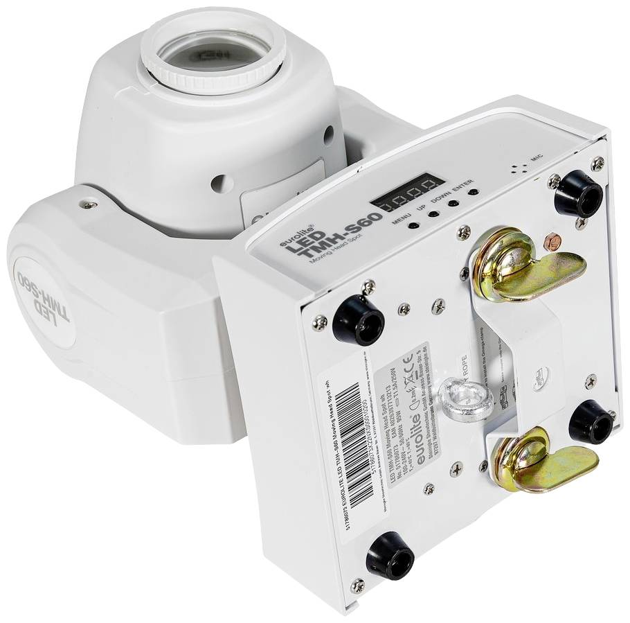 Wit elektronisch onderdeel, mogelijk een motor of camera, met meerdere schroeven en aansluitingen, op witte achtergrond.