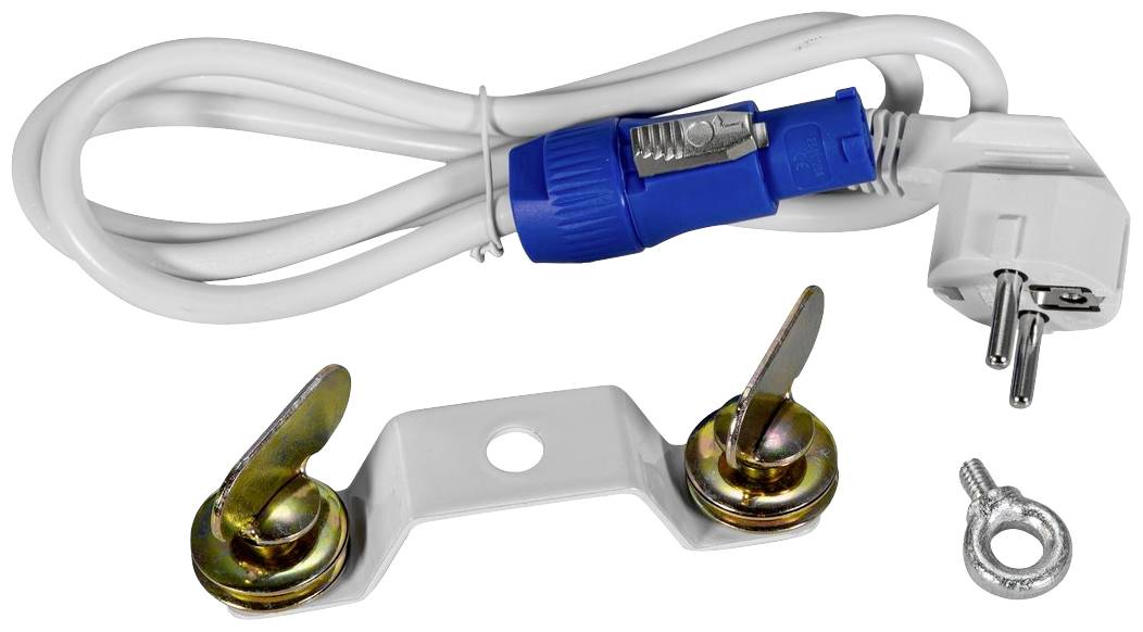 Elektrische kabel met blauwe vergrendeling, wit snoer en Schuko-stekker. Daarnaast twee metalen klemmen en een ringschroef.