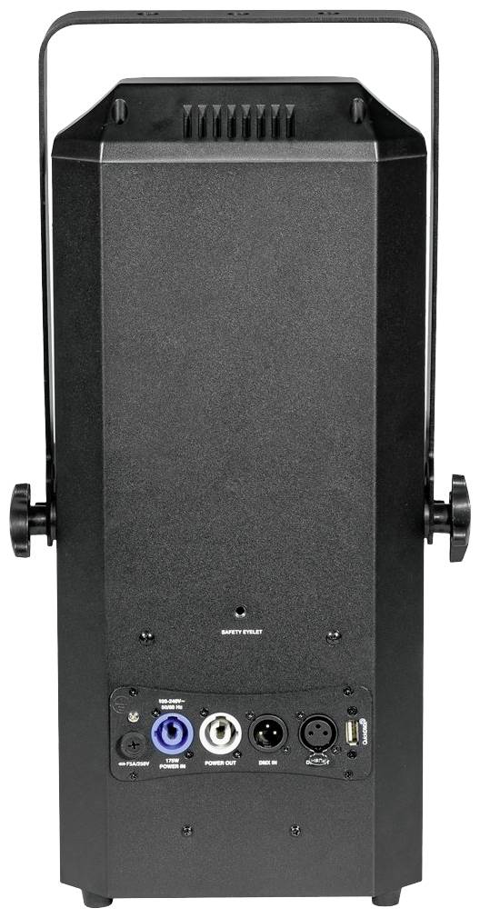 Een zwarte schijnwerper van achteren, met meerdere aansluitingen voor stroom en audio. Twee draaiknoppen aan de zijkanten voor bevestiging.