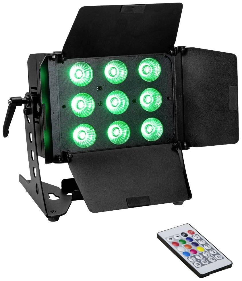 Zwarte LED-schijnwerper met negen groene lichten, verstelbare kleppen en een afstandsbediening. Ideaal voor podiumeffecten.