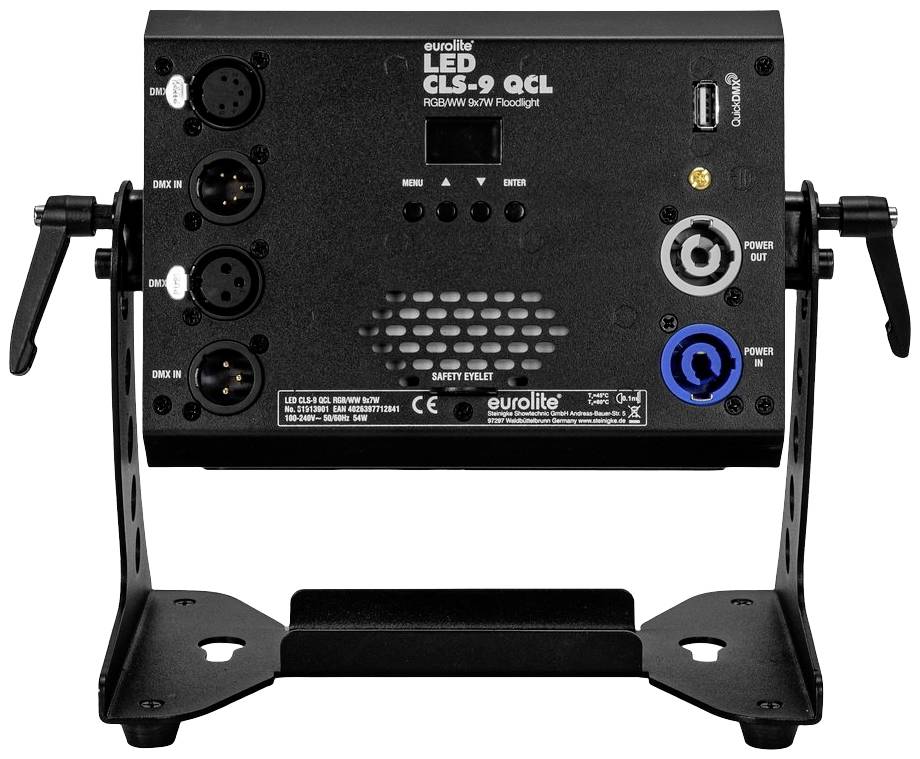 Achteraanzicht van een Eurolite LED CLS-9 QCL schijnwerper met aansluitingen en bedieningselementen. Hoofdbedieningspaneel toont in- en uitgangen.