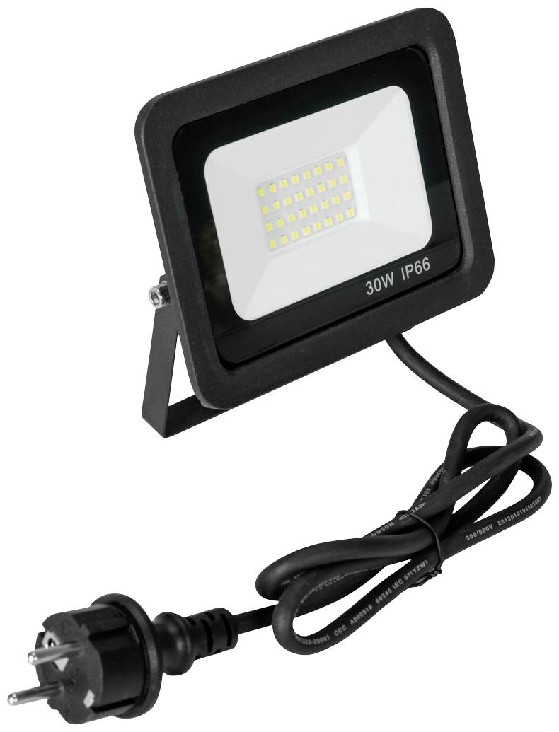 Zwarte LED-schijnwerper met 30W vermogen, IP66-certificering, met aangesloten voedingskabel en stekker. Geschikt voor buitengebruik.
